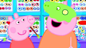 Peppa Pig 和 George 喺一個色彩繽紛嘅藝術工作室入面用畫筆畫畫。