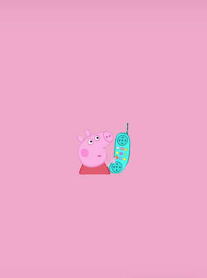 Peppa Pig 喺粉紅色背景上手持一個青綠色電話。