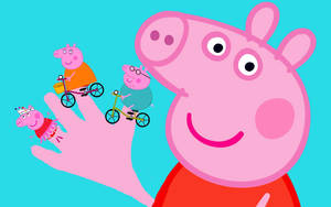 Peppa Pig 用一隻巨手揮手，三隻小豬在她的手指上騎單車。