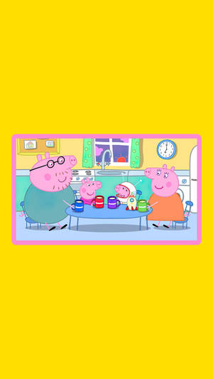 Peppa Pig一家在色彩繽紛的卡通廚房裡喝茶。