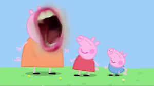Daddy Pig 打呵欠，Peppa 同 George 喺草地上微笑。