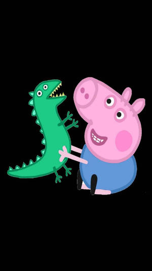 Peppa Pig在黑色背景上擁抱一隻有尖牙的綠色恐龍。