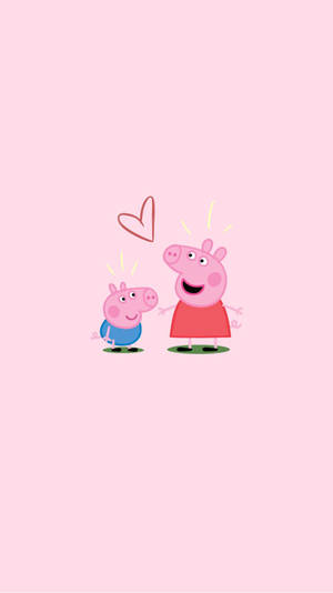 Peppa Pig 和 George Pig 在粉紅色背景上微笑，上方有一顆心。