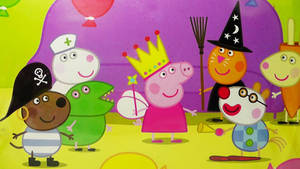 Peppa Pig 和朋友們穿著服裝，在一個有氣球的繽紛派對上。