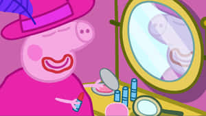Peppa Pig 在鏡子前塗口紅，附近有化妝品。