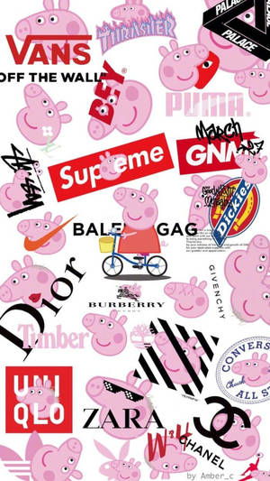 粉紅色Peppa Pig角色與品牌標誌混合的彩色拼貼。