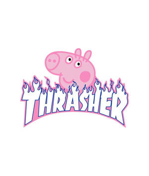 粉紅色卡通豬頭在粉紅和藍色火焰 THRASHER 標誌上方。