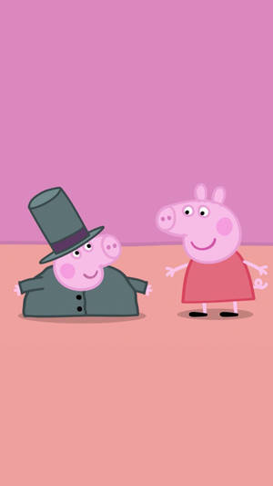 Peppa Pig 和她的弟弟戴著高帽一起微笑。