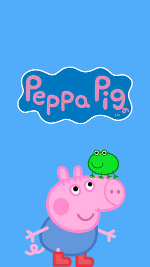 Peppa Pig 頭上有一隻青蛙，藍色背景上有 Peppa Pig 標誌。