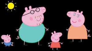 Peppa Pig 一家在天空中有太陽微笑。