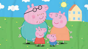 Peppa Pig 一家站在草地上，背景有房屋和太陽。