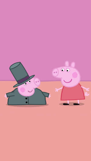 Peppa Pig 和她的弟弟戴著高帽一起微笑。