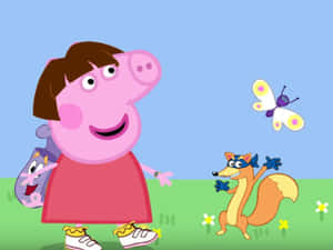 Peppa Pig 和一隻戴面具的狐狸在田野裡跳舞，旁邊有一隻蝴蝶飛過。