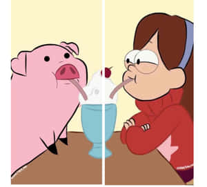 卡通豬和女孩用吸管分享奶昔。 — 可愛 壁紙