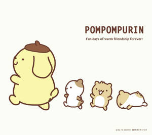 四個來自Pompompurin嘅可愛卡通角色笑住企埋一齊。