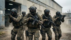 四名身穿迷彩裝備的武裝士兵在倉庫外前進。