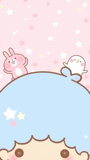 兩隻卡通動物在粉紅色星空背景上從藍色曲線後探出頭來。 — 星星 壁紙