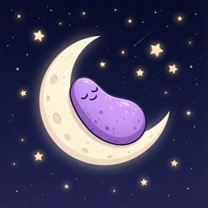 一顆紫色的睡豆蜷縮在彎月上，下方是星空。