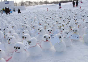 數百個帶有手寫便條的小雪人在雪地上。
