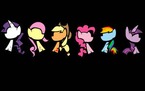 六個 My Little Pony 角色以側面輪廓顯示在黑色背景前。