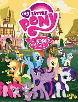 My Little Pony角色聚集在色彩繽紛的村莊場景中。 — iPad 第9代 壁紙