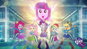 五個動畫小馬女孩穿著校服，在城堡庭院中，在一顆發光的星星下愉快地擺姿勢。