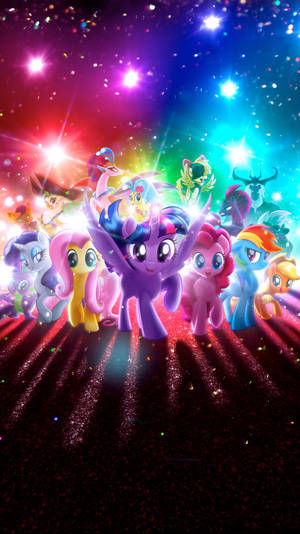 My Little Pony角色在星光燦爛的宇宙天空下慶祝，伴隨著發光的光線。