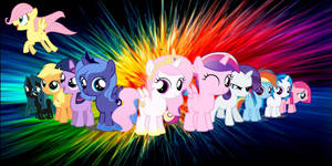一群 My Little Pony 角色在耀眼的彩虹爆炸前擺姿勢。