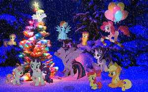 My Little Pony 角色喺雪下用發光嘅樹慶祝聖誕。