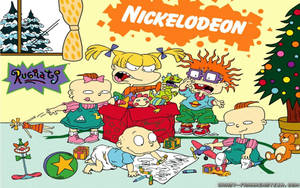 Rugrats 孩子在卡通客廳的聖誕樹附近玩玩具。