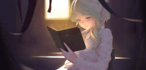 動漫女孩在金色光線的窗邊看書。