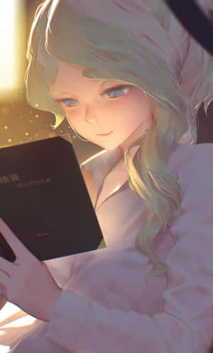 金髮動漫女孩在溫暖的金色光芒中閱讀一本書。