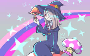 動漫女巫在星空彩虹天空中拿著發光蘑菇