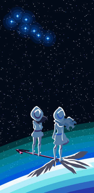 兩個戴著兜帽的身影在羽毛箭上，在繁星夜空下，有一個發光星座。