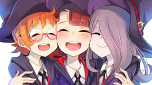 三個穿著校服的動漫女巫學生互相擁抱，一起大笑。 — 藝術 壁紙