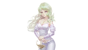 薄荷綠色頭髮的動漫女孩，身穿白色服裝，手持金色劍。
