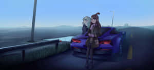 兩個動漫女孩在黃昏的海岸公路上，站在紫色跑車旁邊。