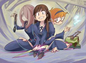 三個穿著校服的動漫女孩，帶著魔法物品和一個幽靈，在發光的隧道中。