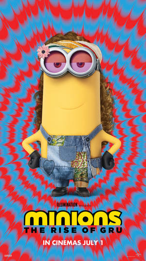一個黃色動畫Minion，戴住護目鏡同牛仔工人褲，喺紅色同藍色漩渦背景上面。