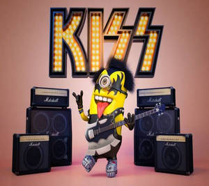Minion搖滾明星在Marshall音箱和KISS標誌後面彈結他。 — 岩石 壁紙