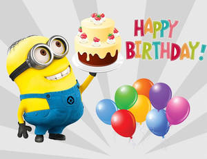 Minion拿著生日蛋糕，配有氣球和'Happy Birthday'文字。