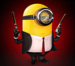 穿西裝的Minion在紅色背景前手持兩把手槍