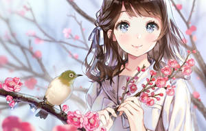 動漫女孩手持櫻花，樹枝上有一隻鳥