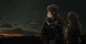 兩個身穿戰術裝備的動漫女孩在黃昏時持武器站立。