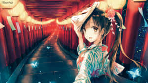 穿著和服的動漫女孩站在發光的紅色鳥居隧道中，伴隨著蝴蝶。 — 動漫女孩 壁紙