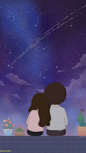兩個人坐喺一齊睇有流星嘅星空。