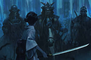 持刀女武士在雨林中面對裝甲戰士。