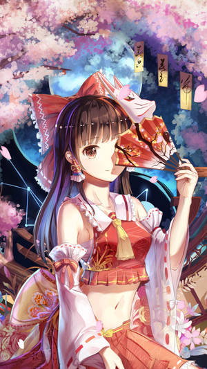 動漫女孩長著狐狸耳朵，夜間在櫻花下拿著扇子。