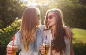 兩位女士笑著手持飲品，在陽光明媚的公園裡。