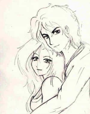 動漫風格素描中男女之間的溫柔擁抱。